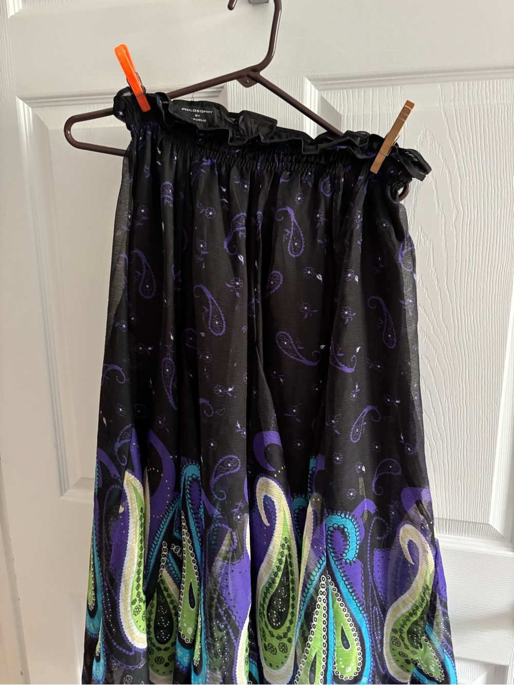Philosophy Black Skirt with Purple and Green Paisley Border 100% polyester